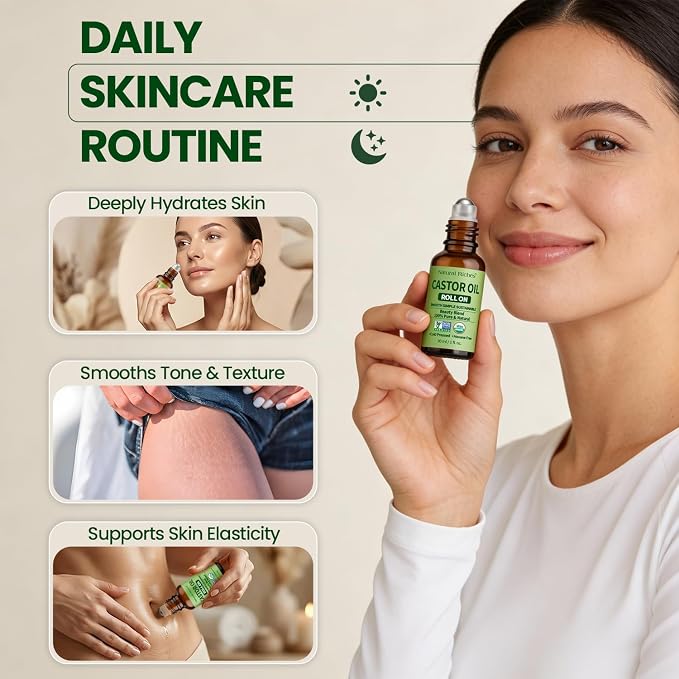 Natural Riches Organic Castor Oil Roll On - Cold Pressed, Hexane Free, 100% Pure Beauty Blend - 1 fl oz Glass Bottle with Roller Ball Applicator