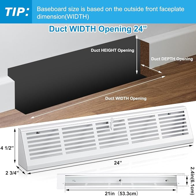 Yaocom 2 Pcs 24 Inch Baseboard Register Duct Opening Size Vent Covers for Home Floor Diffuser Wall Corner Baseboard Air Covers Floor Diffuser Including Screws Easy Installation(White,Stripes)