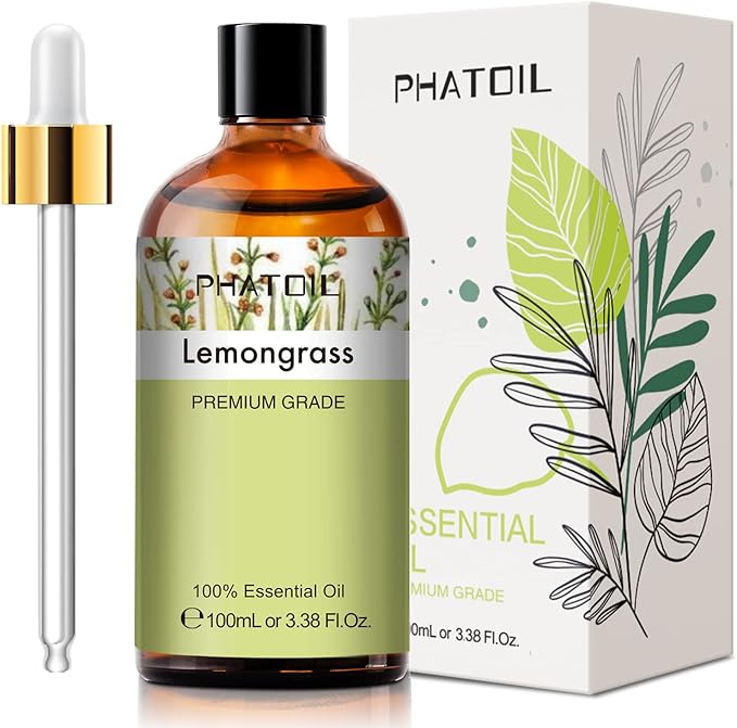 PHATOIL 100ML Lemongrass Essential Oil, 3.38FL.OZ Essential Oils for Diffuser, Humidifier, Aromatherapy, Lemongrass Oil Scented Oils for Soap, Candle Making