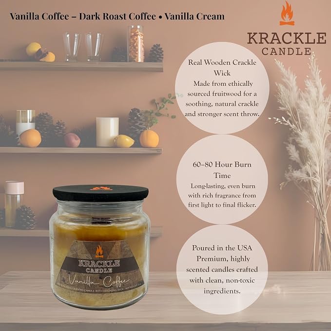 Krackle Candle | Vanilla Coffee | 16 oz Scented Candle with Natural Crackling Wooden Wick | Poured in the USA | Dark Roast Coffee & Vanilla Cream Fragrance