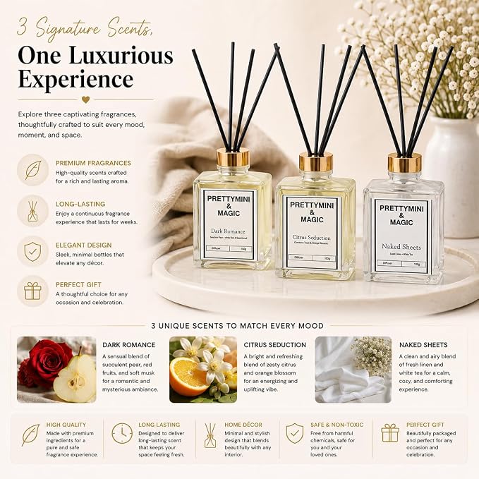 PRETTYMINI & MAGIC Reed Diffuser Set – Bohemian Rose + Beach Linen & Orange Blossom Home Fragrance, Long-Lasting Reed Diffusers for Home Fragrance with Sticks for Bedroom, Bathroom & Shelf Décor 3pk