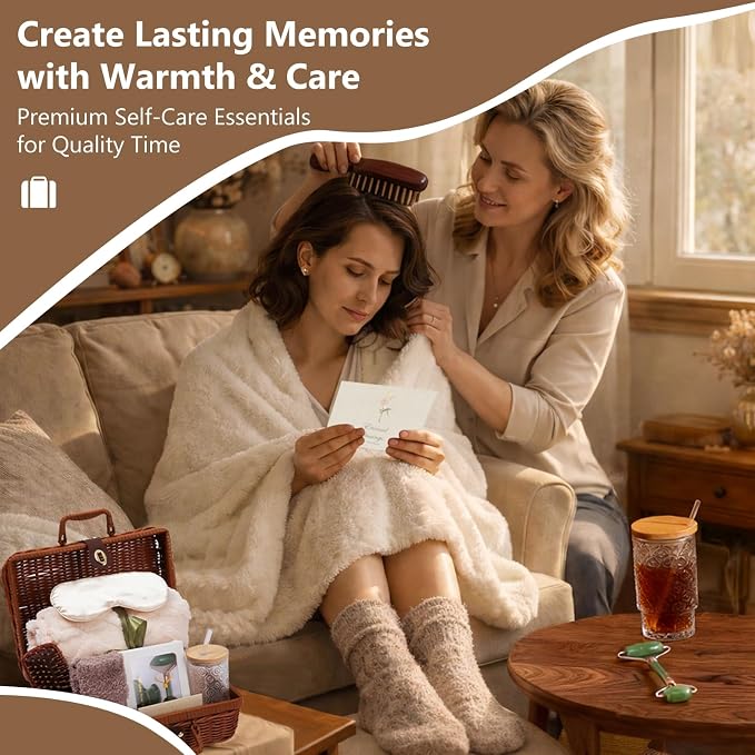 14-Piece Vintage Birthday Gift for Women, Relaxing Spa Care Package with Blanket, Glass Tumbler, Self-Care Gift Basket for Women, Wife, Sister, Best Friend