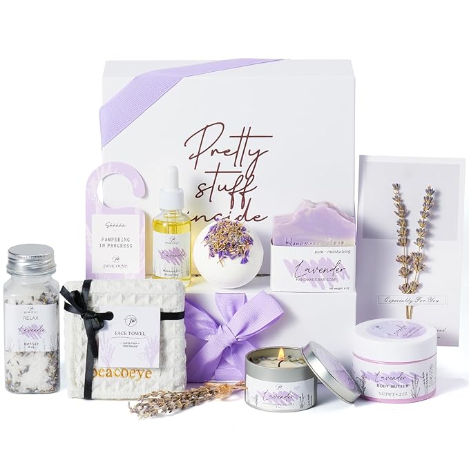 Mothers Day Gifts for Mom Spa Bath Gift Baskets Relaxing Spa Self Care for Women Her Sister Wife Bridal Shower Gifts Box Home Bath Care Package Thank You Birthday (Purple -Spa for Women)
