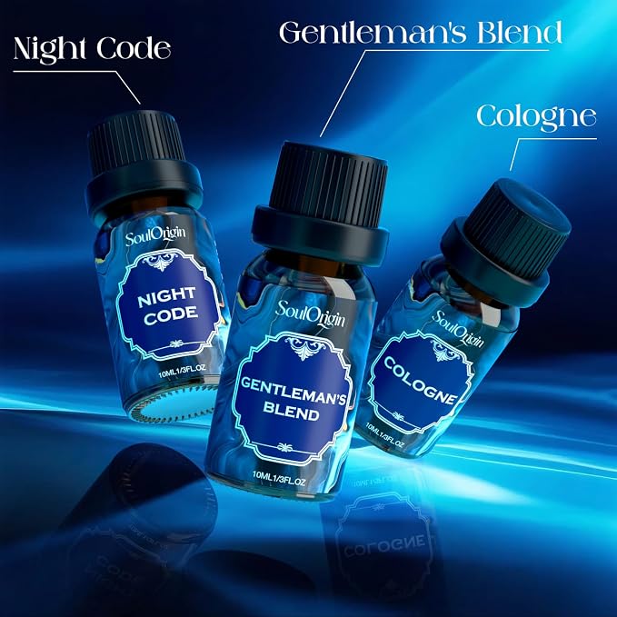 Soulorigin Cologne Fragrance Oils Set, Essential Oil for Diffuser, Men Scent Diffuser Oil, Use for Soap Candle Making, Cologne, Leather&Musk, Revive Blue, Sunlit Wander, Gentleman's Blend, Night Code