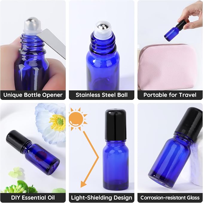 Segbeauty 0.34oz Empty Rollerball Bottles for Oil, 10ml Mini Glass Roller Bottles for Essential Oils, 5pcs Blue Travel Size Roller Ball Applicator Container, Small Travel Perfume Bottle Refillable