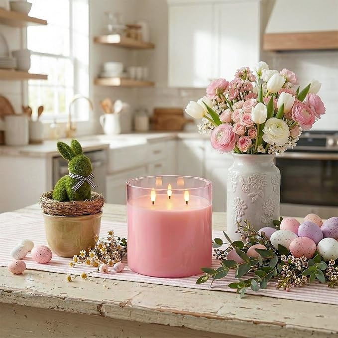 Homemory 6x6 Extra Large Flameless Candle with 3 Wicks, Pink Glass LED Pillar Candle, Real Wax Battery Operated Candle with Remote and Timer, Flickering Flameless Candle Home Wedding Valentine Decor