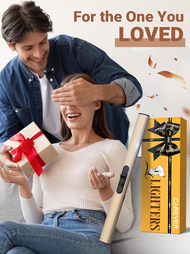 Candle Lighter Stocking Stuffers for Women Men, Electric Candle Lighter USB Rechargeable Graduation Gifts for Wife Girlfriend Safety Lock Long Lighters for Grill Kitchen BBQ Camping,Champagne Gold