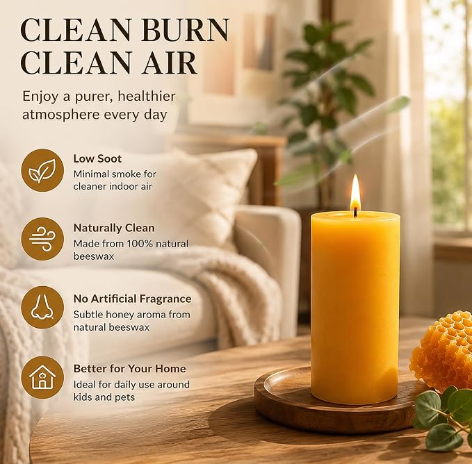 Beeswax Candles Pillar 6 Pack, 2x4 Inch Non Toxic Bees Wax Candle for Home, Long-Lasting Burn Natural Honey Scented Pillar Candle for Air Purification, Emergency, Meditation