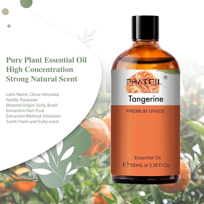 PHATOIL 3.38FL.OZ Tangerine Essential Oil, for Aromatherapy Diffusers, Humidifiers, Great for DIY Candle and Soap Making, Huge 100ML Bottle