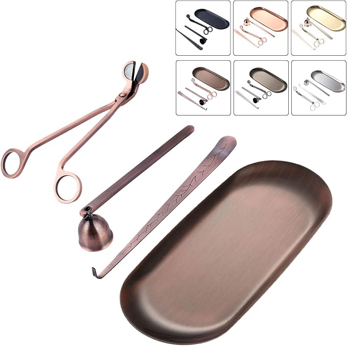 MUXSAM 4 in 1 Candle Accessory Set - Wick Trimmer, Snuffer, Dipper, Storage Tray Plate - Care Tools Gifts for Candle Lovers (Gold)