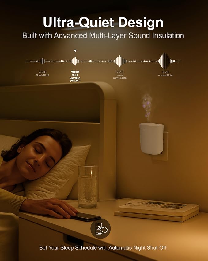 Waterless Plug in Diffuser, 800 Sq Ft, No Wobble Secure Wall Fit, Adjustable Timer & Scent Intensity,App Control,Essential Oil Plug in Wall Diffuser, Includes 2 x 60ml Fragrance Oils, White