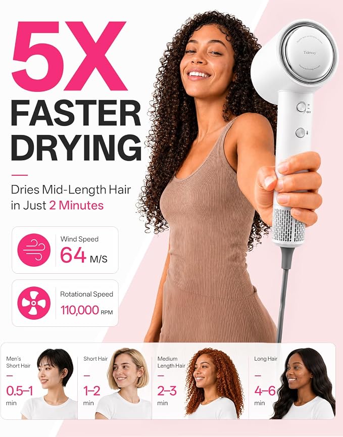Tideway Hair Dryer Professional High-Speed Ionic Blow Dryer 110,000 RPM, Compact Hair Dryer with Magnetic Diffuser, Fast Drying with Brushless Motor Low Noise Smart Temperature Control-H11