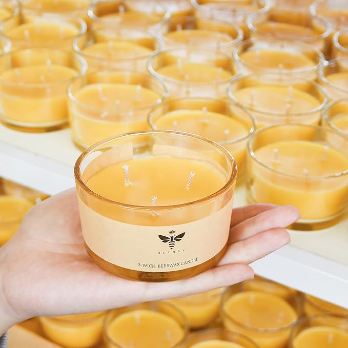 DEYBBY Beeswax Jar Candle - 3 Wick Beeswax Candle Gift - Handpour Candle with Natural Scent for Home Decor Bath Relaxation Houusewarming Gift