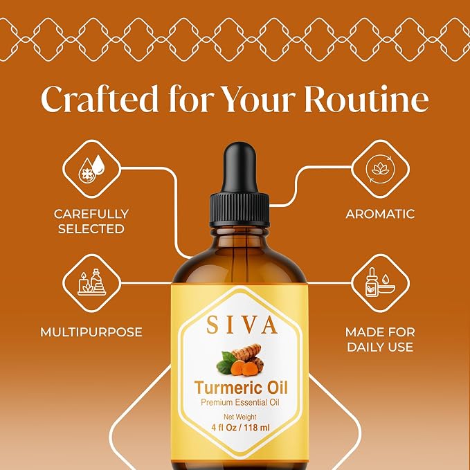 Siva Turmeric Essential Oil 4 Fl Oz – for Diffuser, Skin & Hair Care – Ideal for Aromatherapy, Massage & DIY Blends- with Dropper