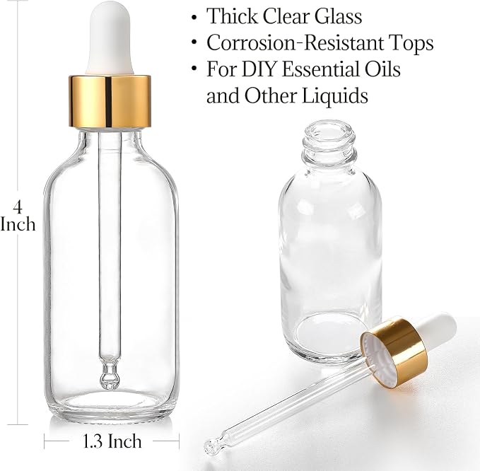 AOZITA 4 Pcs, 1 oz Golden Cap Clear Dropper Bottles (30ml) with 1 Funnel & 4 Labels - Glass Tincture Bottles with Eye Droppers - Leakproof Essential Oil Bottles for Health, Personal Care & Beauty