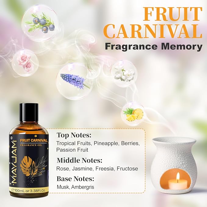 Fruit Carnival Fragrance Oil Essential Oil, MAYJAM 3.38FL.OZ Fruit Carnival Oil for Diffusers for Home, Long Lasting Scented Oils for Soap Candle Making - 100ML