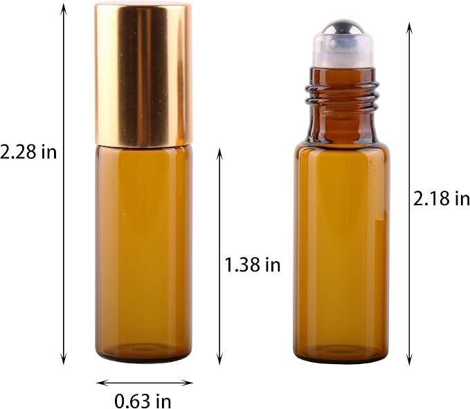 MaxMau Pack of 100,5ml Amber Glass Roller Bottles for Essential Oils Refillable Roll on Bottle with Stainless Steel Roller Balls Golden Cap For Home Travel Aromatherapy