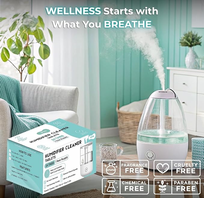 Skyis Humidifier Cleaning Tablets & Descaler 24 Pack, Removes Hard Water Scale, Mineral Deposits, White Dust, Demineralization Cleaner for Levoit, Vicks, Dyson, Dreo Humidifiers