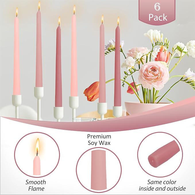 Scented Candle Taper Candlesticks,10 Inches Pink Tapered Candles Rose Candle Sticks Colorful Candlestick for Wedding Home Party Dinner,Pack of 6 (8D6PC-PIKMIX)
