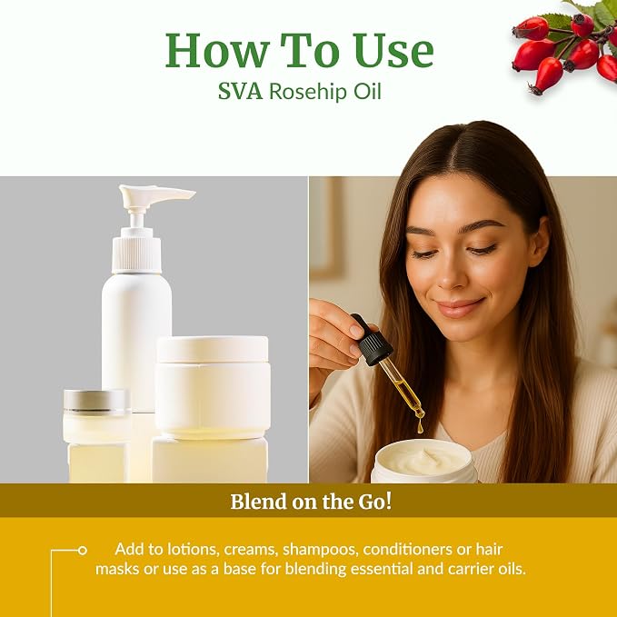 SVA Rosehip Seed Oil - 16 Fl Oz – 100% Natural & Cold Pressed - for Face, Skin Care, Hair Care, Scalp Massage & Body Massage – Carrier Oil with Dropper