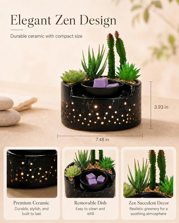 4-in-1 Ceramic Wax Warmer, Electric Scented Wax Melter with Hot Plate, 7-Color LED Candle Warmer Lamp, Aromatherapy Oil Diffuser & Succulent Marble Decor, for Yoga Room Home Office, Gift for Women
