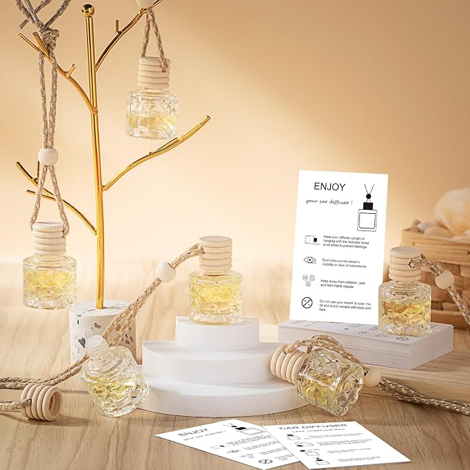 Boao 50 Sets Hanging Car Air Freshener Diffuser Bottles with 2 x 3.54 Inch Car Diffuser Instructions Cards for Empty Essential Oil Bottles (White Card,Round Diamond)