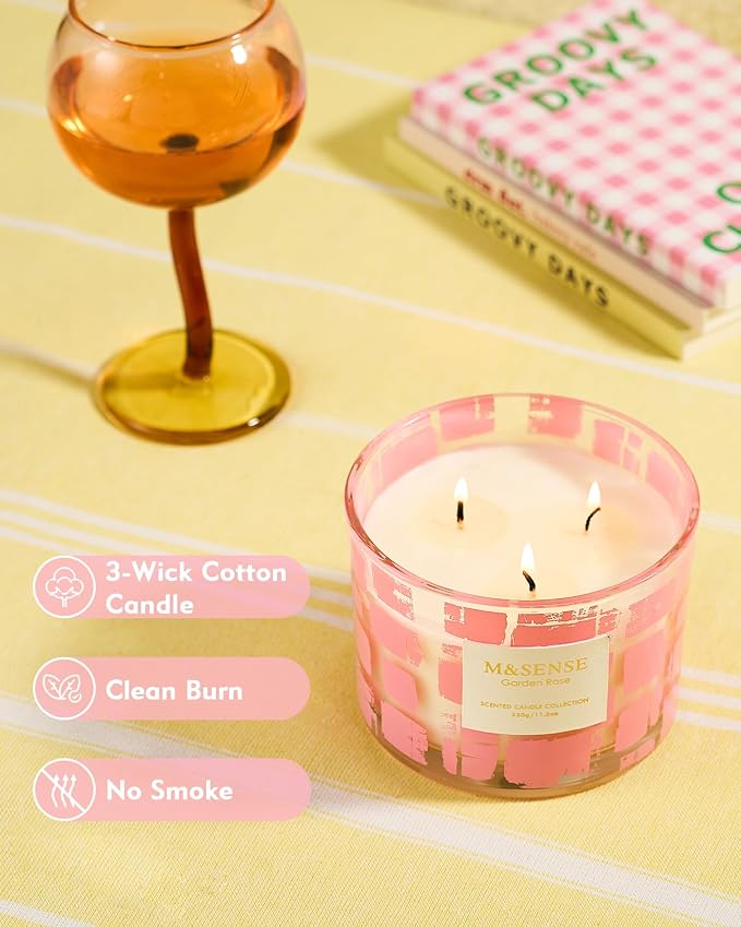 M&SENSE Garden Rose Scented,11.6oz Natural Soy Wax Non Toxic for Home, 3 Wick Jar Candle, Up to 60 Hours Burn time, Home Decor Housewarming Gift for Women and Men