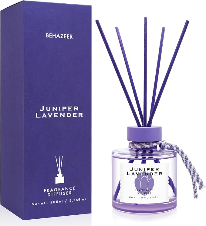 Juniper Lavender Reed Diffuser, 6.77OZ/200ML Large Capacity Natural Non-Toxic Oil, Long-Lasting Fragrance Reed Diffusers Set for Home and Bathroom, Aroma with 5 Reed Diffuser Sticks