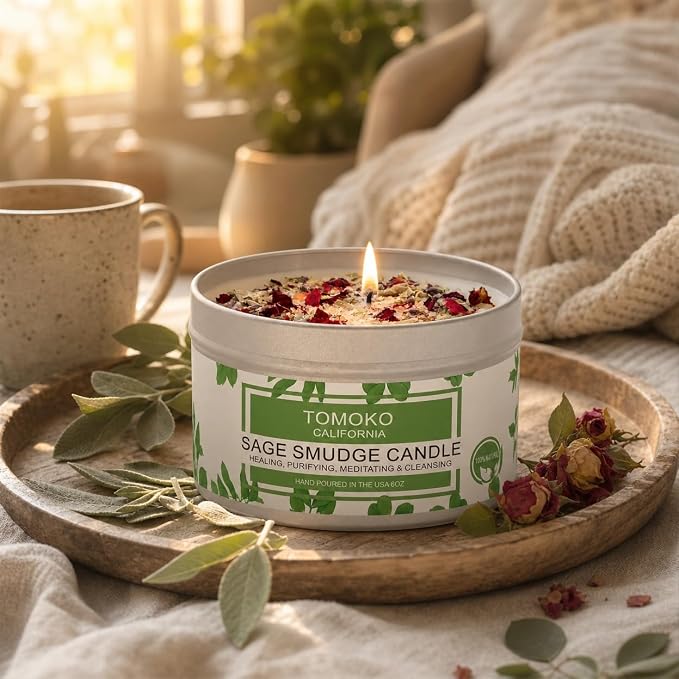 TOMOKO White Sage Candle, Sage Leaf, Rose, Lavender, Himalayan Salt & Essential Oil