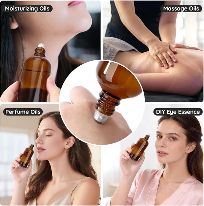 Segbeauty 3.4oz Thick Amber Glass Roller Bottles for Oils, 5pcs Empty Roll On Bottles for Perfume Massage Castor Essential Oil, 100ml Refillable Roller Ball Applicator with Stainless Steel Rollball