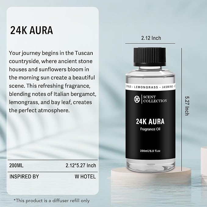 Luxury Hotel Scent 24K Aura 200ml/6.76Fl oz Diffuser Oil Waterless Essential Aromatherapy for Cold Air & Car Diffusers – Long Lasting Refill for Large Room & Home - Signature Lemongrass