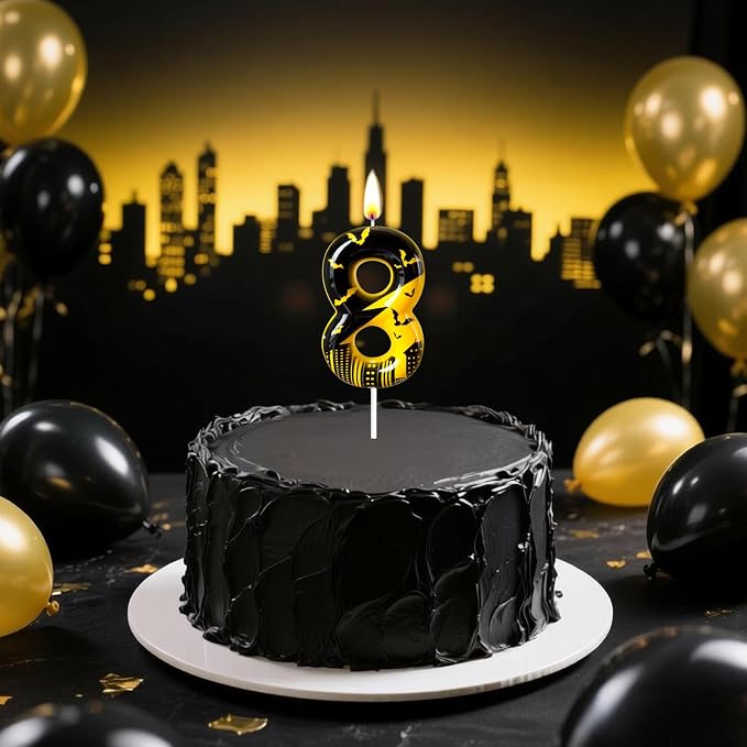 Black Yellow Number 8 Birthday Candle for Cake – Dark Night Hero Style with Bat & City Silhouette Design – Unique Cake Topper for Birthday, Anniversary, Themed Party Decoration
