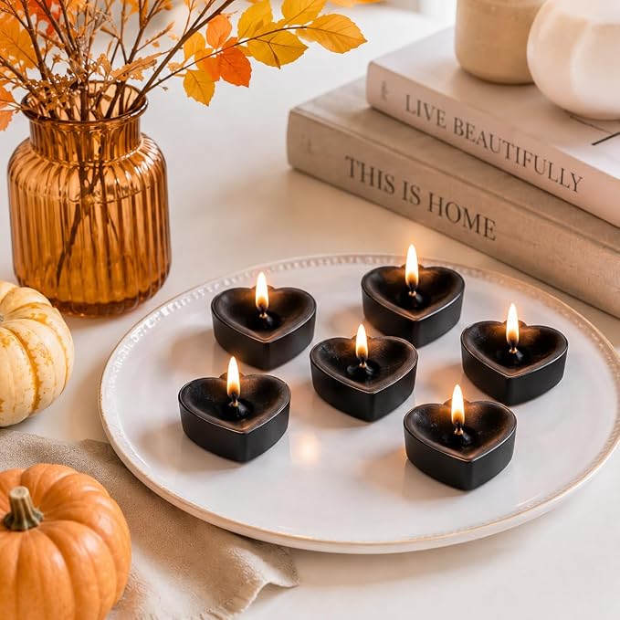 Tea Lights Candles Set of 24, Black Heart Tealight Candle, Sandalwood Scent Tea Candles, Long Burning Tea Lights for Wedding Dinner Table Ambiance Home Decor