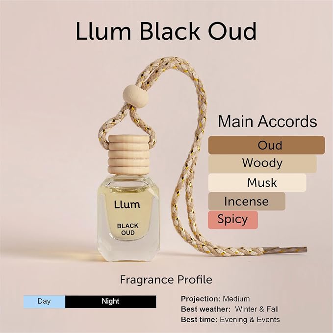 Llum Black Oud Hanging Car Air Freshener – Luxury Automotive Perfume Diffuser 10ml (0.34 fl oz), Long-Lasting Fragrance, Alcohol-Free Non-Toxic Car Scent, Glass Bottle With Wood Cap