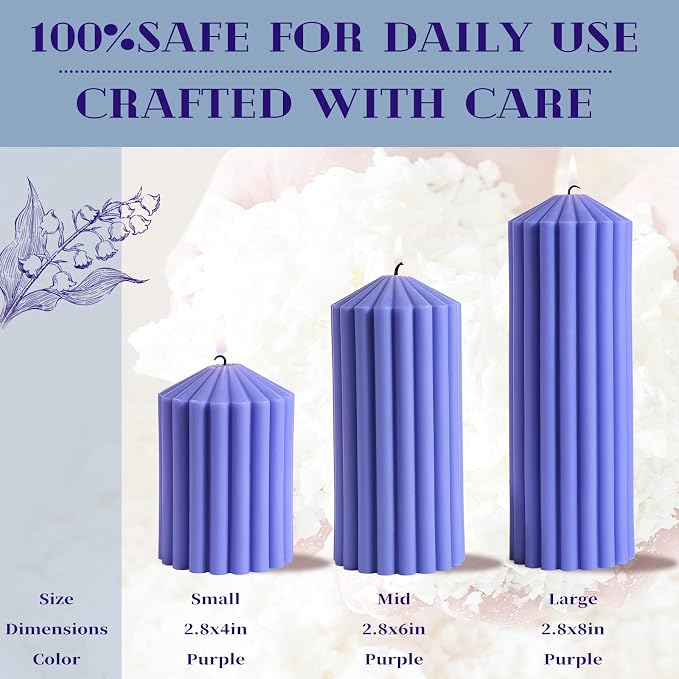 Ribbed Pillar Candles Set of 3, Width 3" High 4" 6" 8" Large Soy Wax Lavender Scented Modern Candles for Home Decor, Dinner Table, Living Room, Housewarming Gift