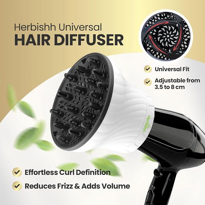 Herbishh Large Universal Diffuser Hair Dryer Attachment Adjustable 1.37" - 3.14" Dryer Diffuser Even Heat Rotary Clip for Curly Definition & Wavy Hair, Reduces Frizz & Adds Volume, Heat Resistant