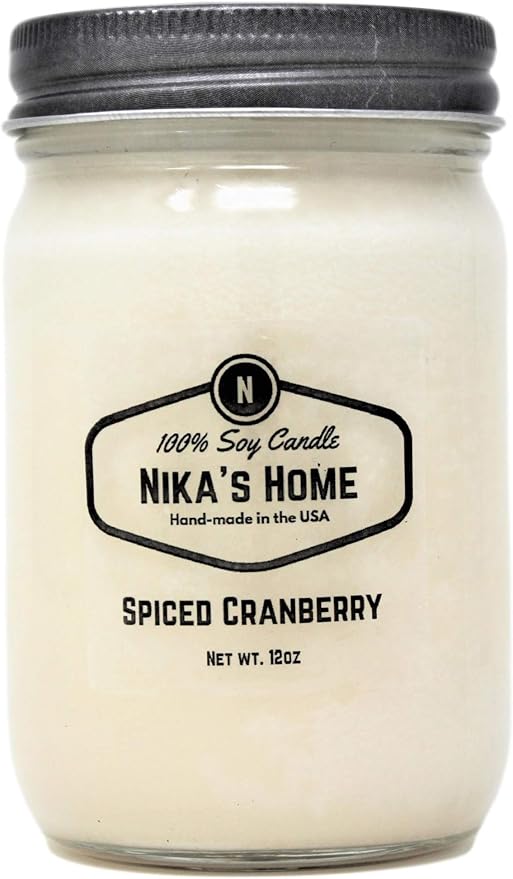 Nika's Home Spiced Cranberry Soy Candle - 12oz Mason Jar - Non-Toxic - Hand Poured in The USA, Long Burning 50-60 Hours Highly Scented All Natural, Clean Burning
