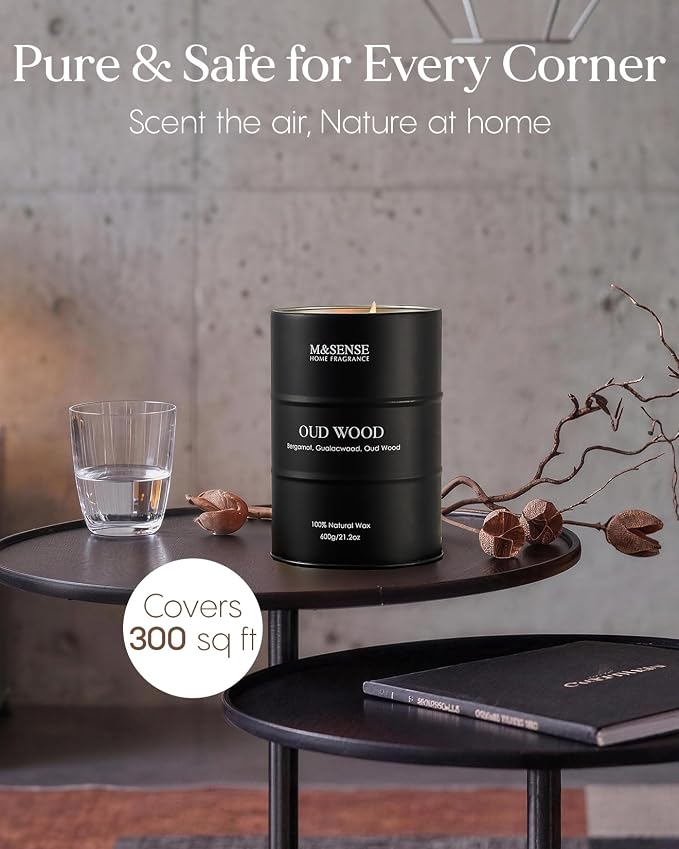 M&SENSE Oud Wood Large Scented Candles Natural Soy Wax, 21.2oz Long Lasting Up to 120 Hours Burning Time, Unique Candle Gifts for Men Women