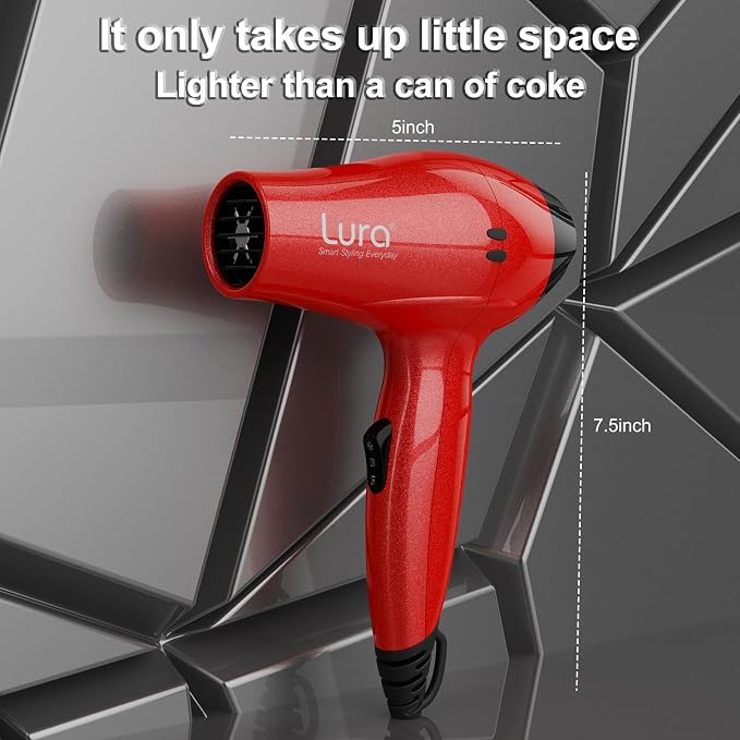 LURA Travel Hair Dryer with Diffuser,Small Dual Voltage Hair Dryers for Women,Mini Portable Blow Dryer for Men,Lightweight Compact Blow Dryer with European Plug（Red）