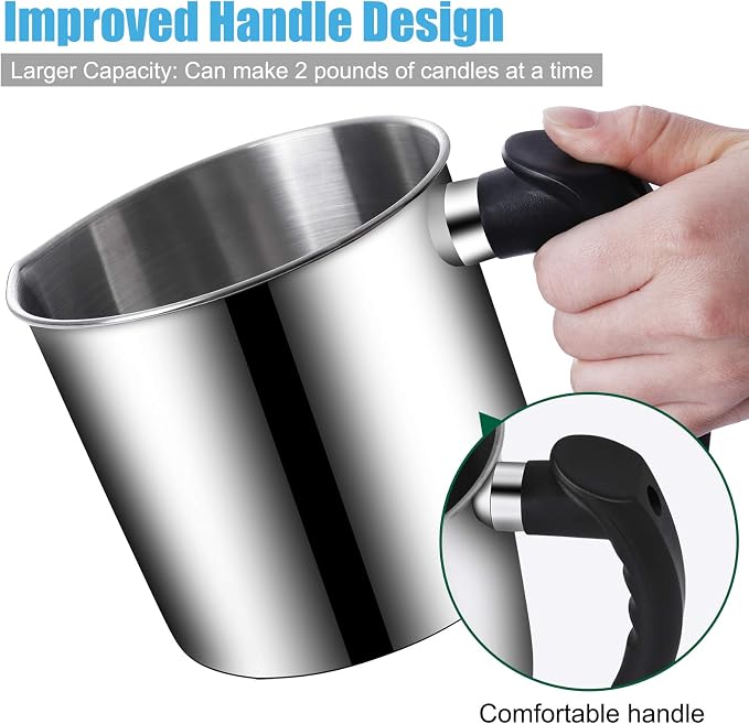 Candle Making Pouring Pot, DINGPAI 44oz Double Boiler Wax Melting Pot, 1pc Spoon, 304 Stainless Steel Candle Making Pitcher, Silver Color with Heat-Resistant Handle and Dripless Pouring Spout Design