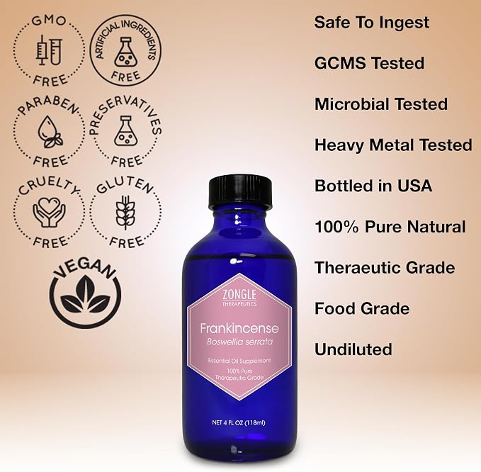 Frankincense Essential Oil, Food Grade, for Face, Dark Circles – 100% Pure, Frankincense, Resin, Oil, Boswellia Serrata, Edible, by Zongle Therapeutics, 4 OZ