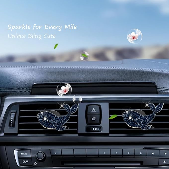 ORIESSE Beach Car Decor,Bling Whale Car Air Freshener Vent Clips,Glamour Dark Blue Cetacean Ocean Themed Vehicle Dashboard Accessories,Refillable Diffuser