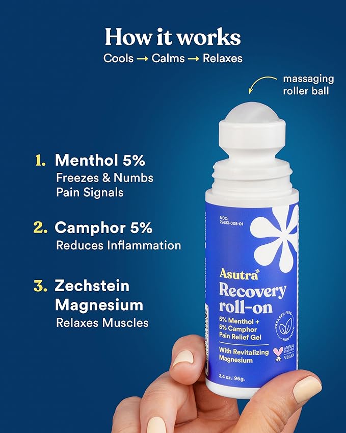 ASUTRA Recovery Roll-On Gel, 3.4 oz - Cooling and Warming Sensation, Temporary Relief from Muscle Discomfort and Soreness, Mess-Free Applicator, Menthol, Camphor, and Premium-Quality Magnesium