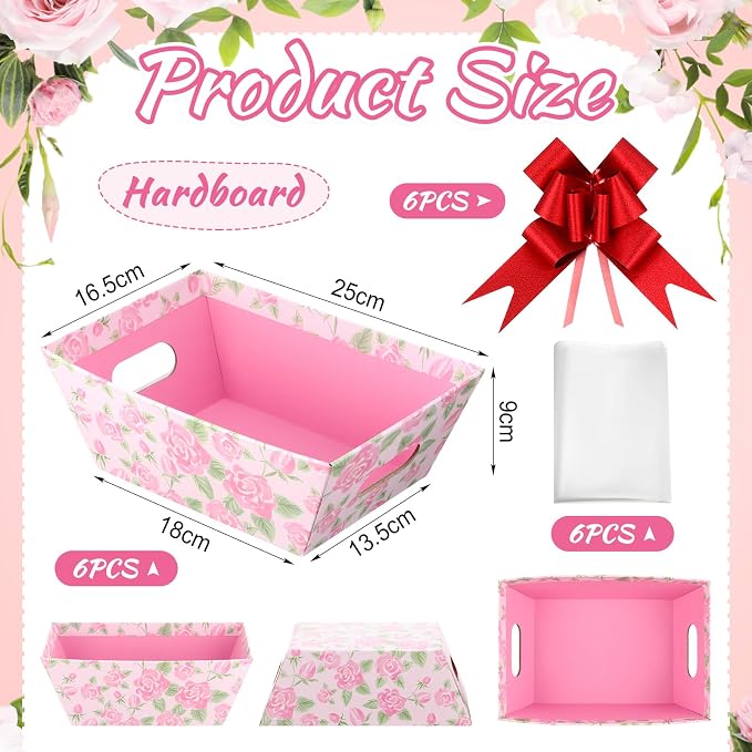 Skyygemm 6 Pack Empty Gift Baskets to Fill, Thick Cardboard Market Trays with Clear Cellophane Bag & Pull Bow, DIY Make Your Own Hamper Kit, Floral Boxes for Women Birthday Wedding(Rose)