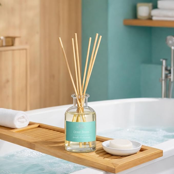 Natural Reed Diffuser Set, Ocean Breeze 3.52 oz (100ml) Scented Diffuser with Sticks Home Fragrance Reed Diffuser for Bathroom Shelf Decor, Ideal Gift for Woman