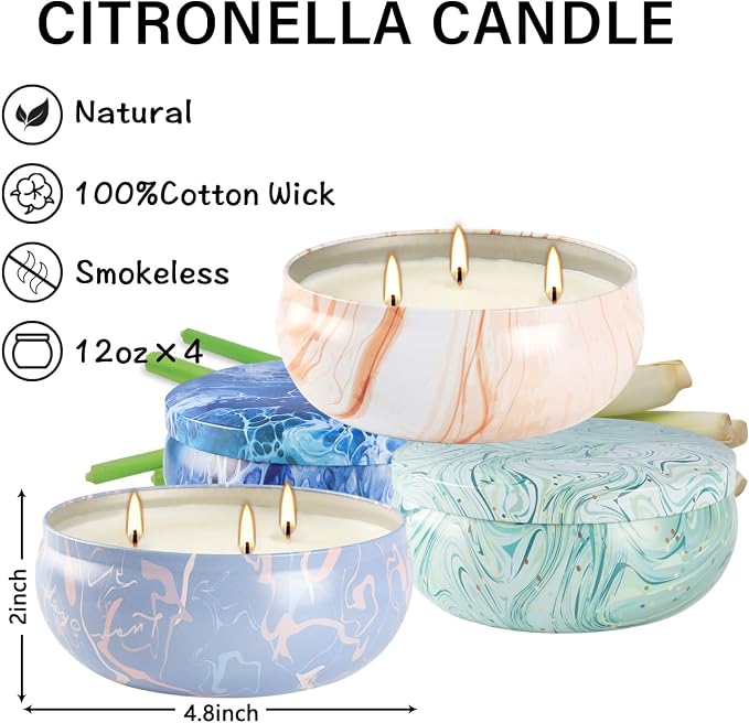 Set of 4 Triple Wick Marble-Style Citronella Scented Candles Natural Soy Wax Summer Outdoor Candles for Outside Indoor Patio Home Garden Yard Balcony Camping Porch BBQ.