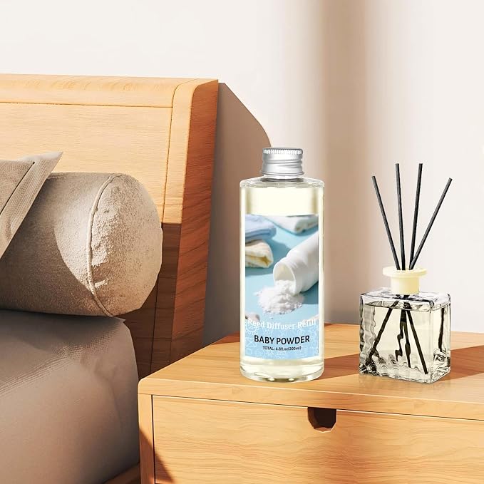STRN Reed Diffuser Refill, Baby Powder Scented Reed Diffuser Set, 200ml with Sticks, Long-Lasting Aromatherapy, Summer Fragrance for Bedroom, Spa, Bathroom, Office