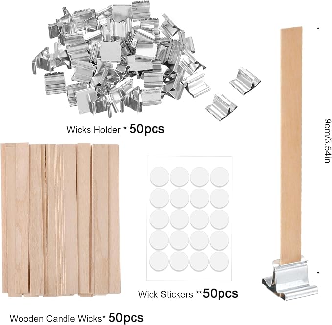 Nogeqi 150pcs Wooden Candle Wick for Candlemaking, Thicked Wooden Wicks Crackling Wood Wick Includes Metal Fasteners, Adhesive Dot for SoyWax, DIY Candle, Paraffin, Beeswax (50 Sets)
