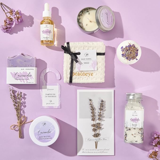 Mothers Day Gifts for Mom Spa Bath Gift Baskets Relaxing Spa Self Care for Women Her Sister Wife Bridal Shower Gifts Box Home Bath Care Package Thank You Birthday (Purple -Spa for Women)