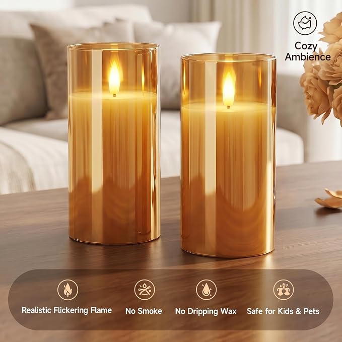 Homemory Amber Glass Flameless Candles Battery Operated LED Pillar Candles with Remote and Timer, Real Wax Flickering Candles with 3D Wick, Decorative Candles Home, Wedding, Holiday Decor, Set of 2